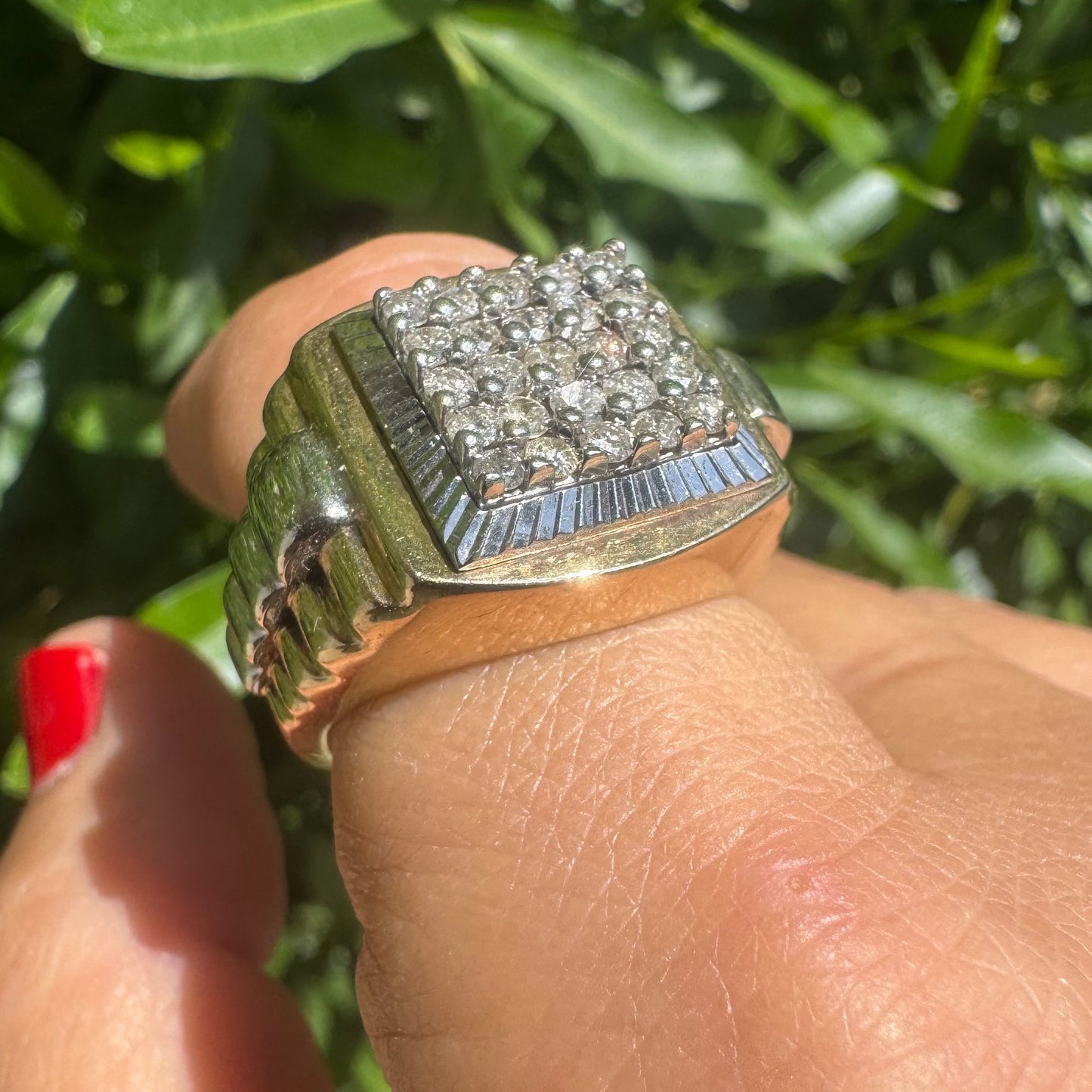 14K gold ring set with brilliant pavé diamonds in a bold square design