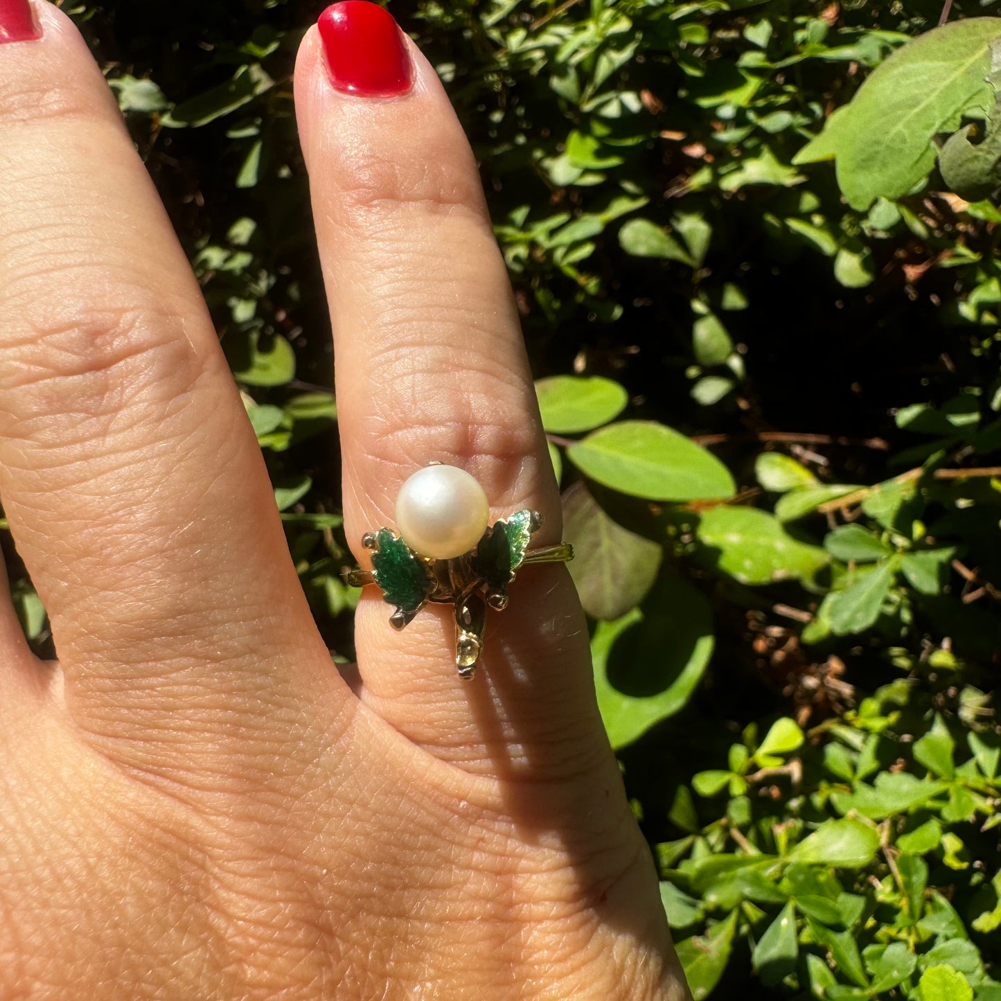 14K gold ring set with Pearl & Green Enamel