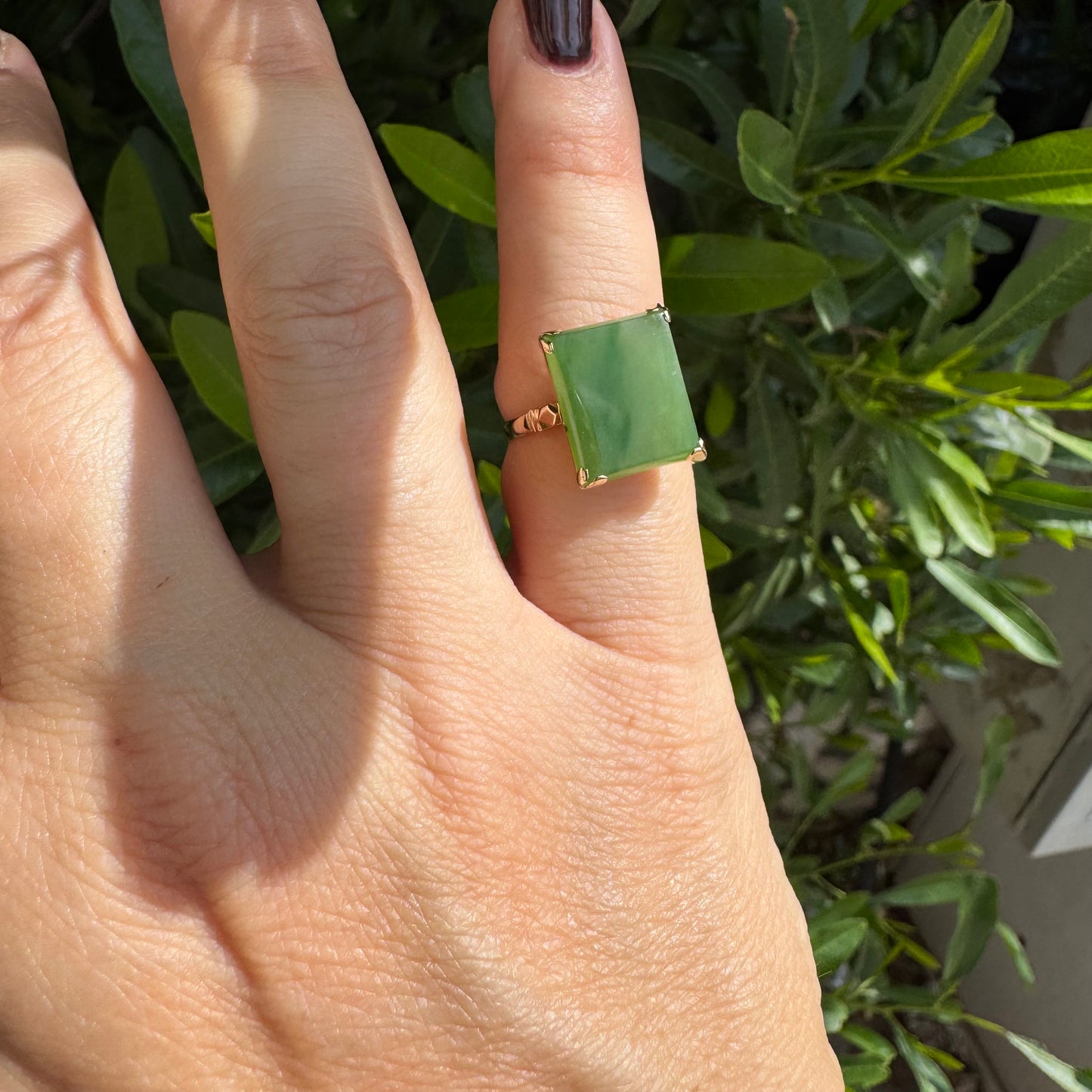 14K gold ring set with square green Jade