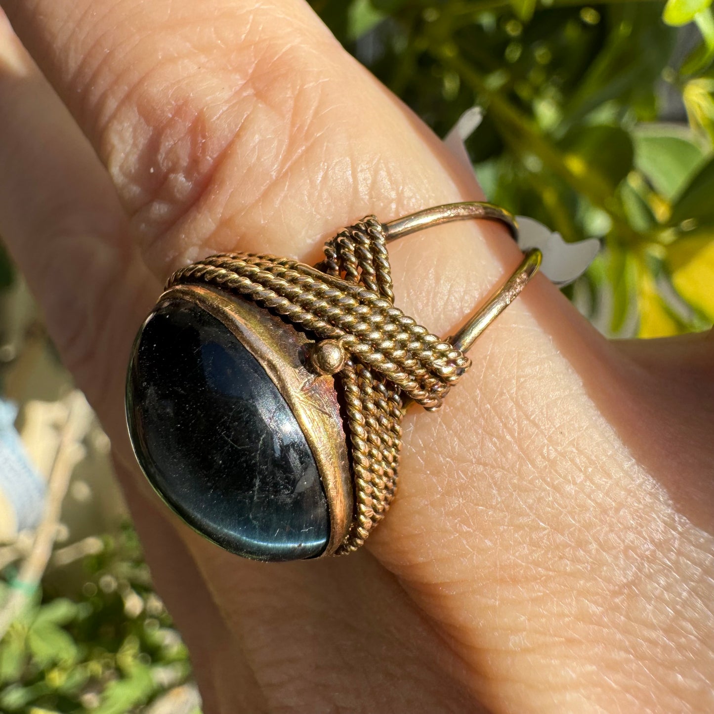 14K gold ring set with Black Jade