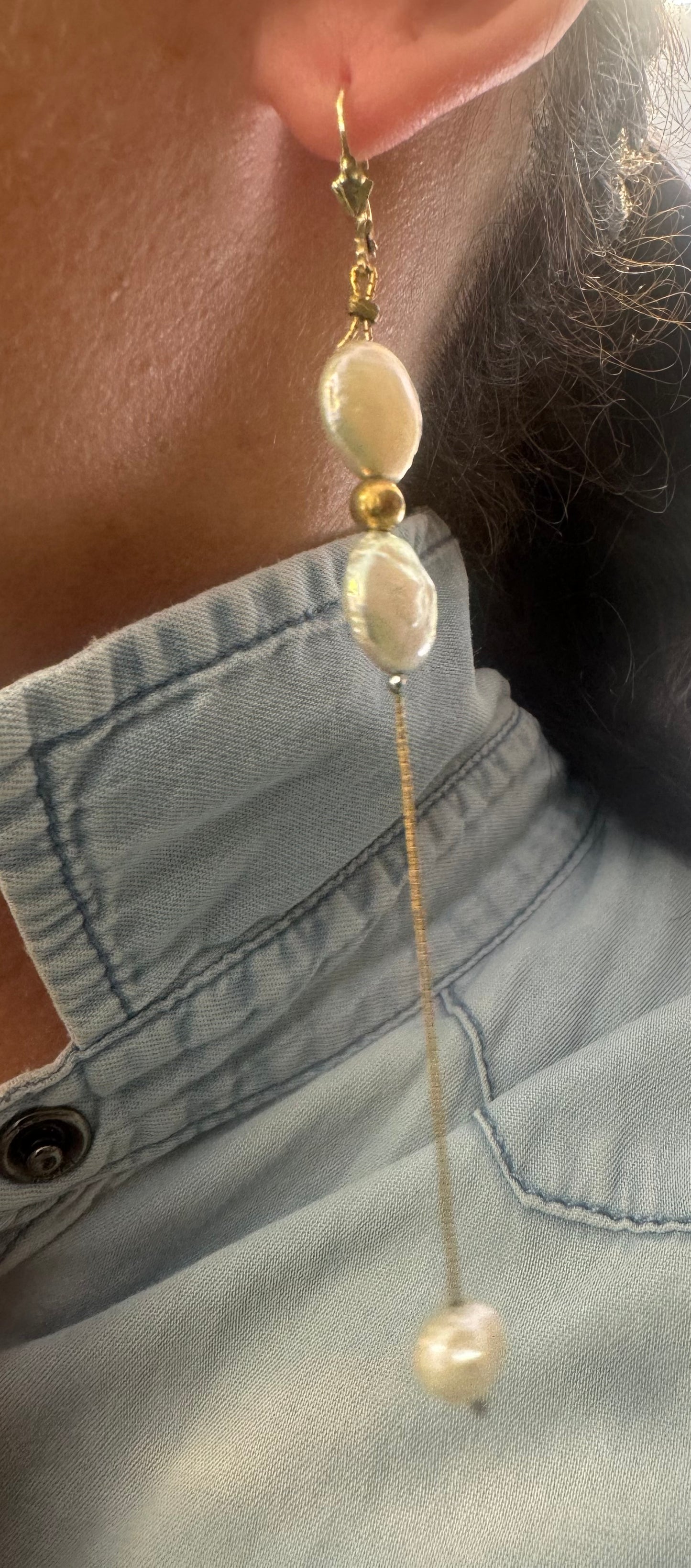 14K gold long drop earrings set lustrous coin pearls and baroque pearl drops