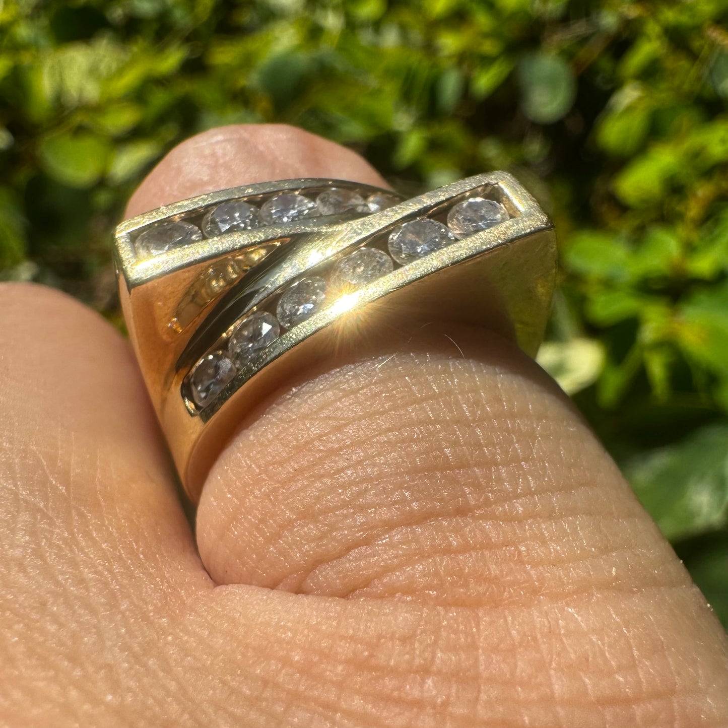 14K gold ring set with two parallel Diamond-set rows