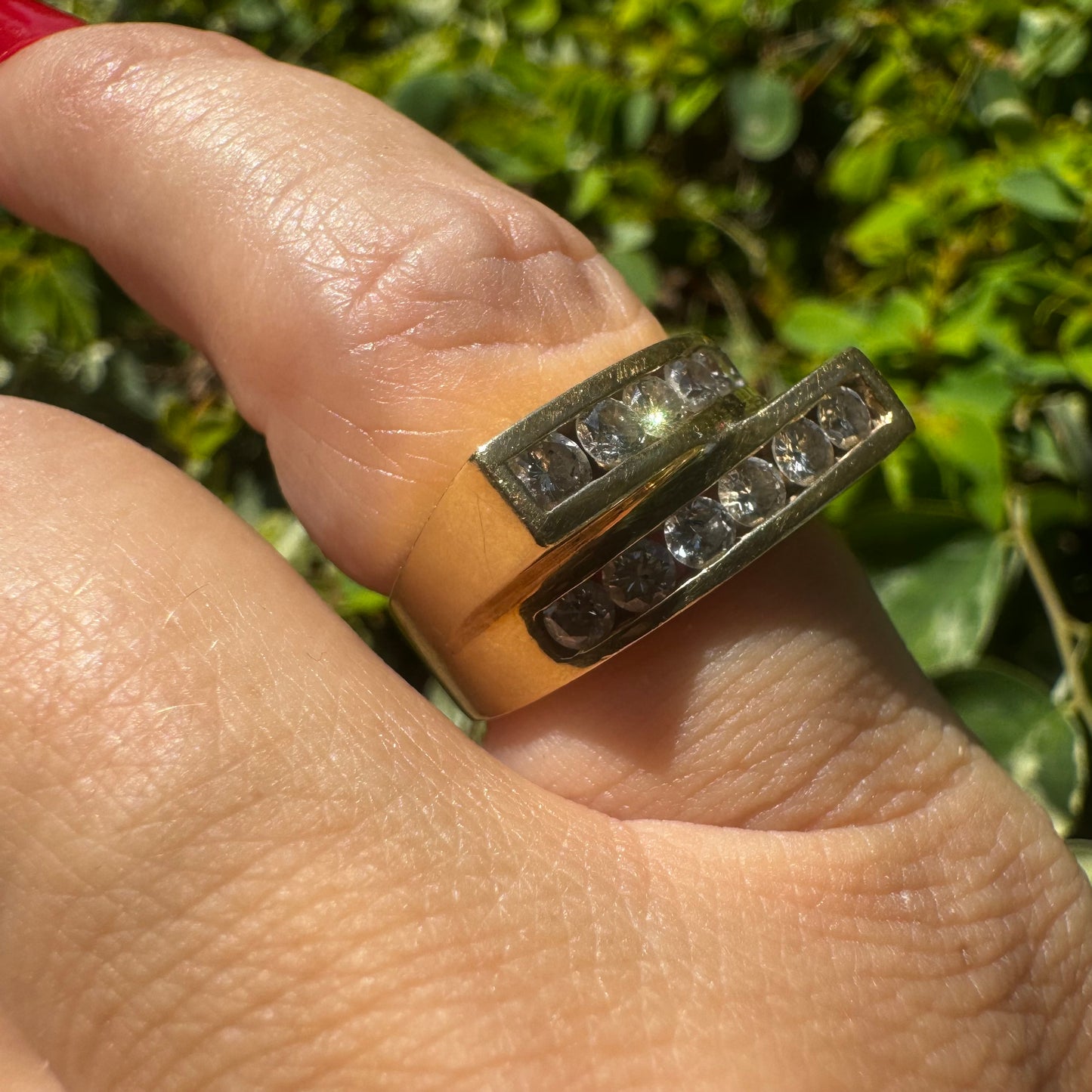 14K gold ring set with two parallel Diamond-set rows