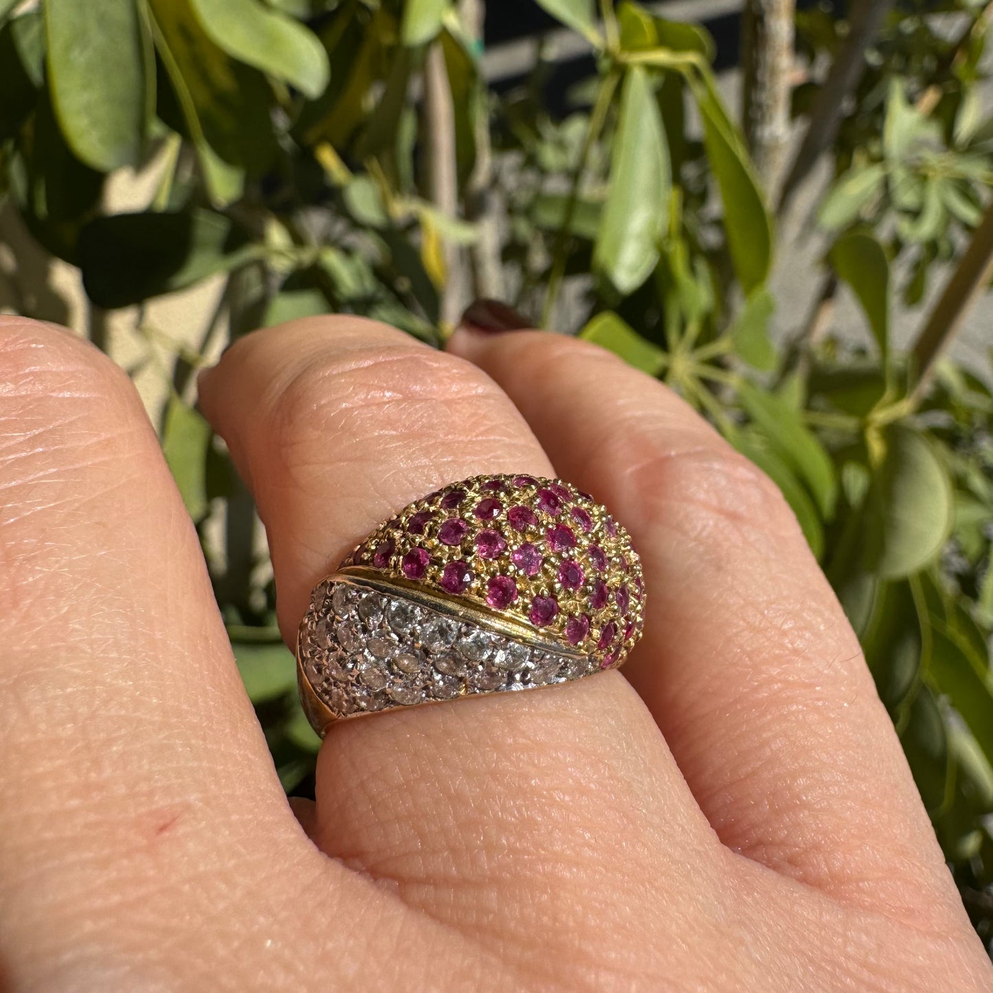 14K gold dome ring pavé-set with Diamonds and vivid Rubies in a striking two-tone design