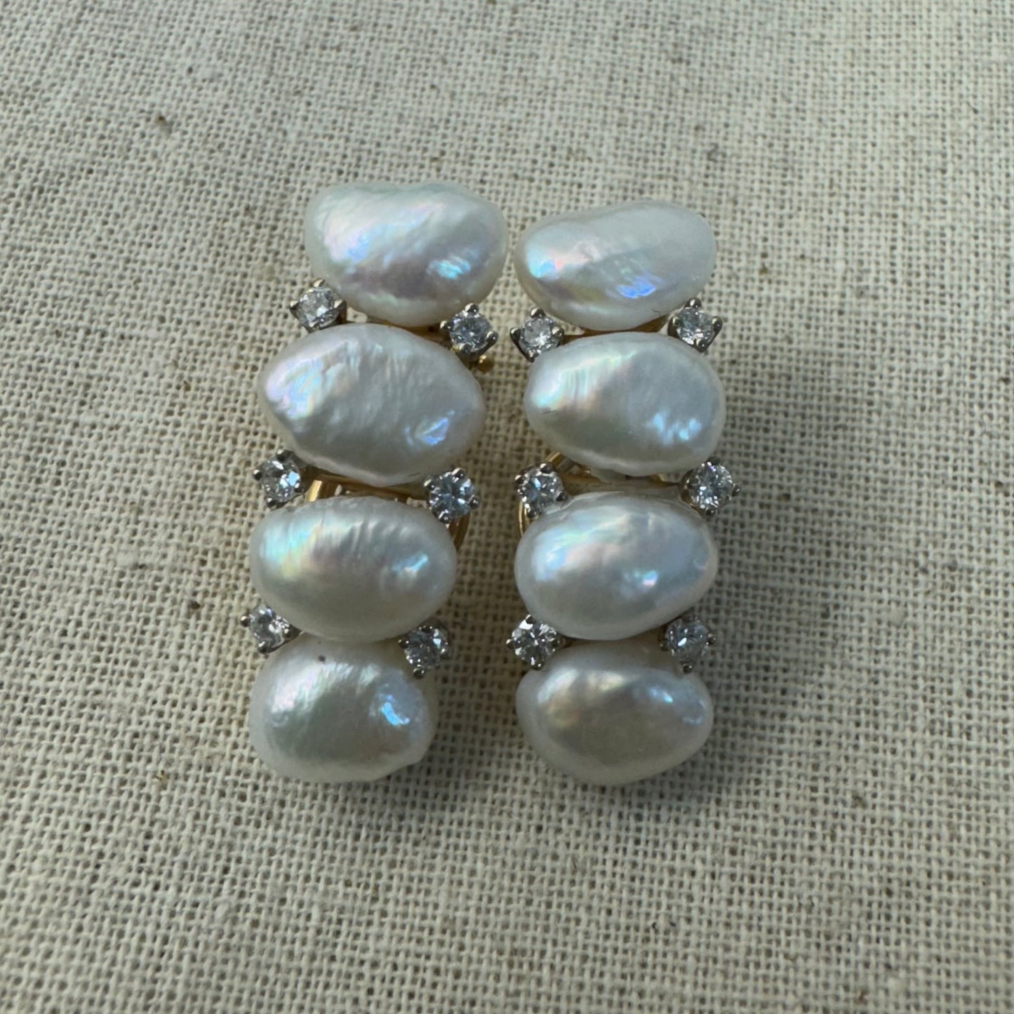 14K gold clip earrings set with Pearls & Diamonds