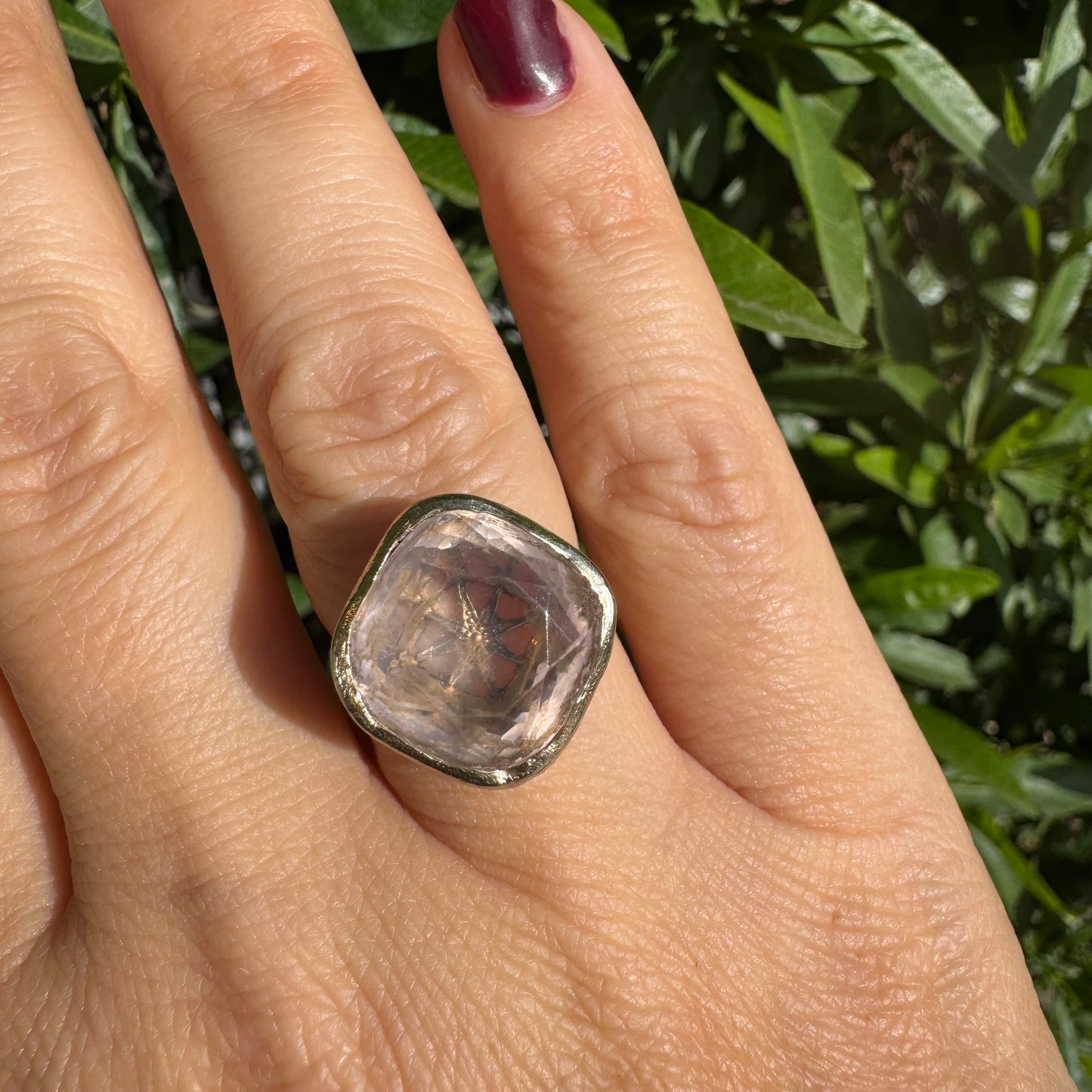 18K gold H.Stern ring set with a translucent Rose Quartz in a flat, cushion-style cut