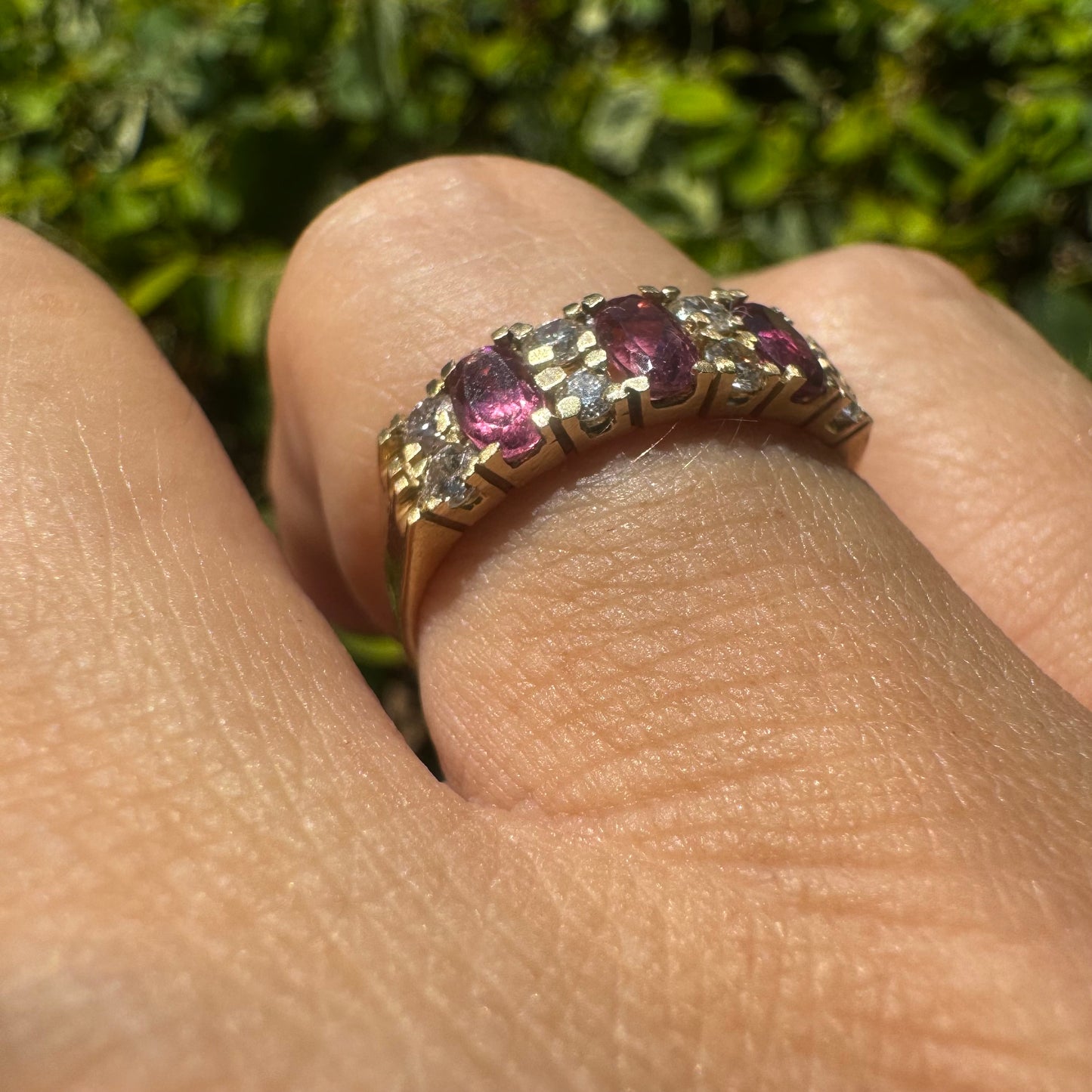 14K gold ring set with oval Pink Tourmalines and round brilliant-cut Diamonds