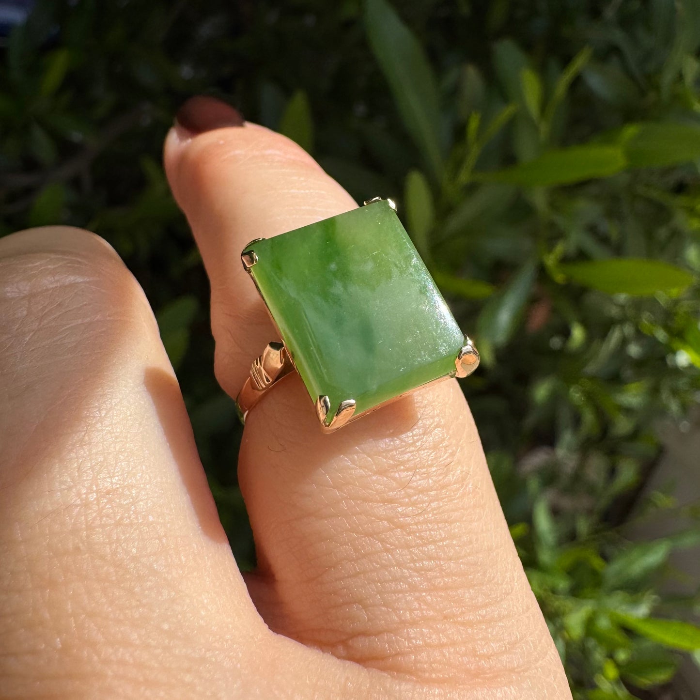 14K gold ring set with square green Jade