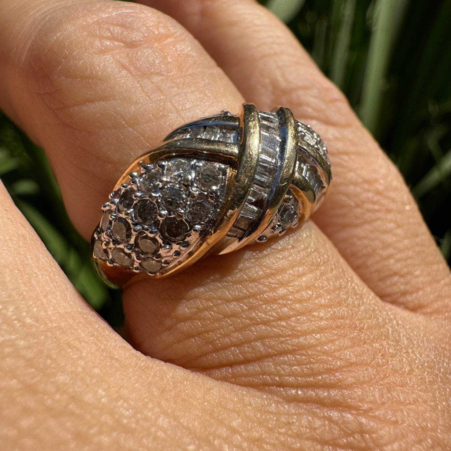 14K gold ring set with crisscrossed rows of baguette and round-cut Diamonds