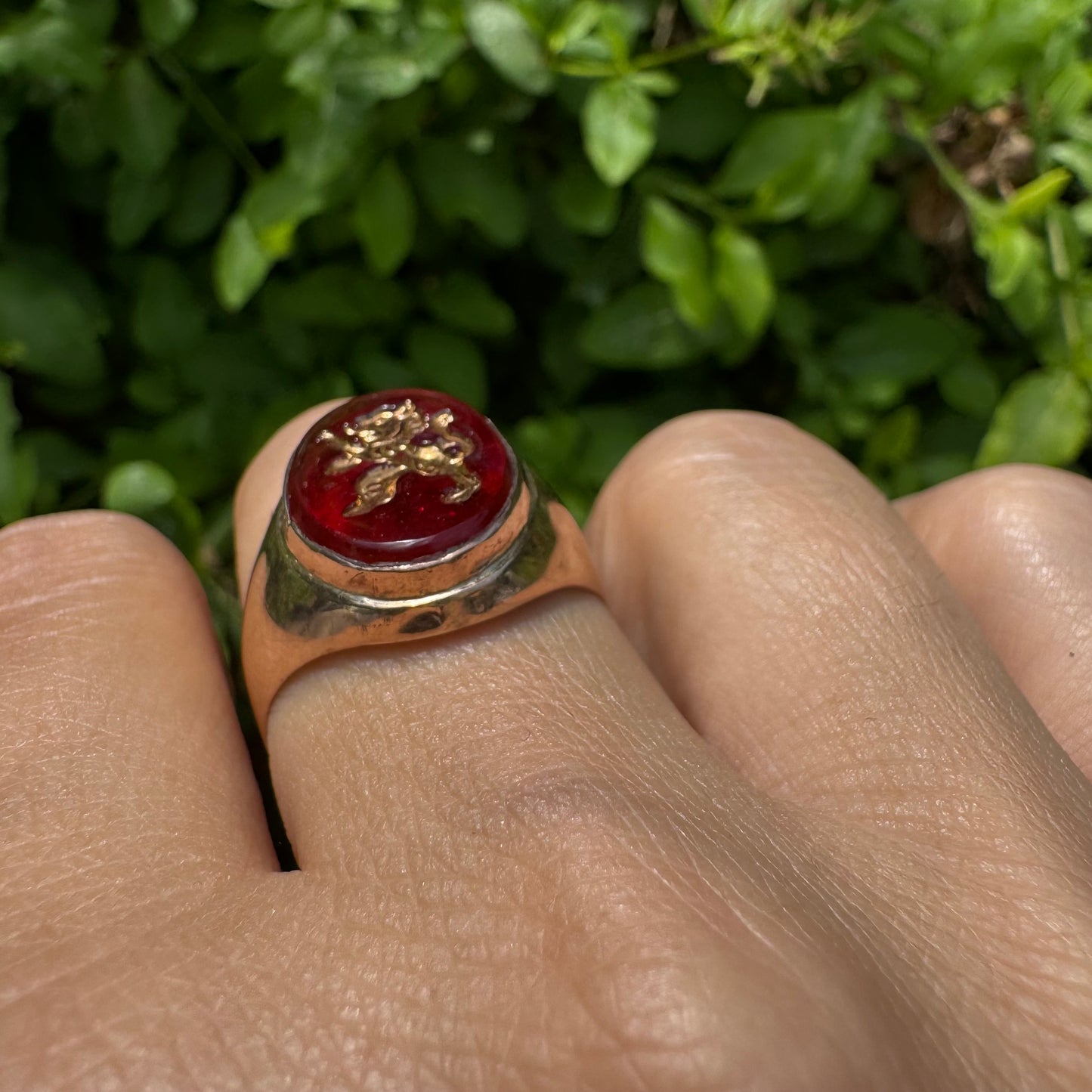 14K gold signet ring set with a smooth deep red stone set with a golden lion motif
