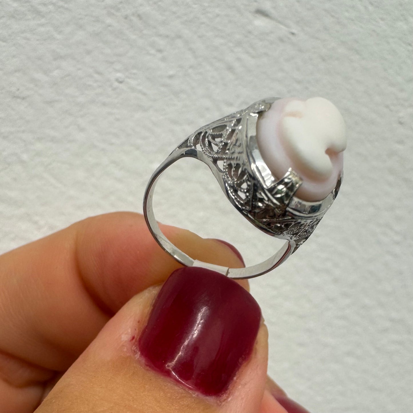 Platinum Cameo Ring set with a soft pink and white portrait