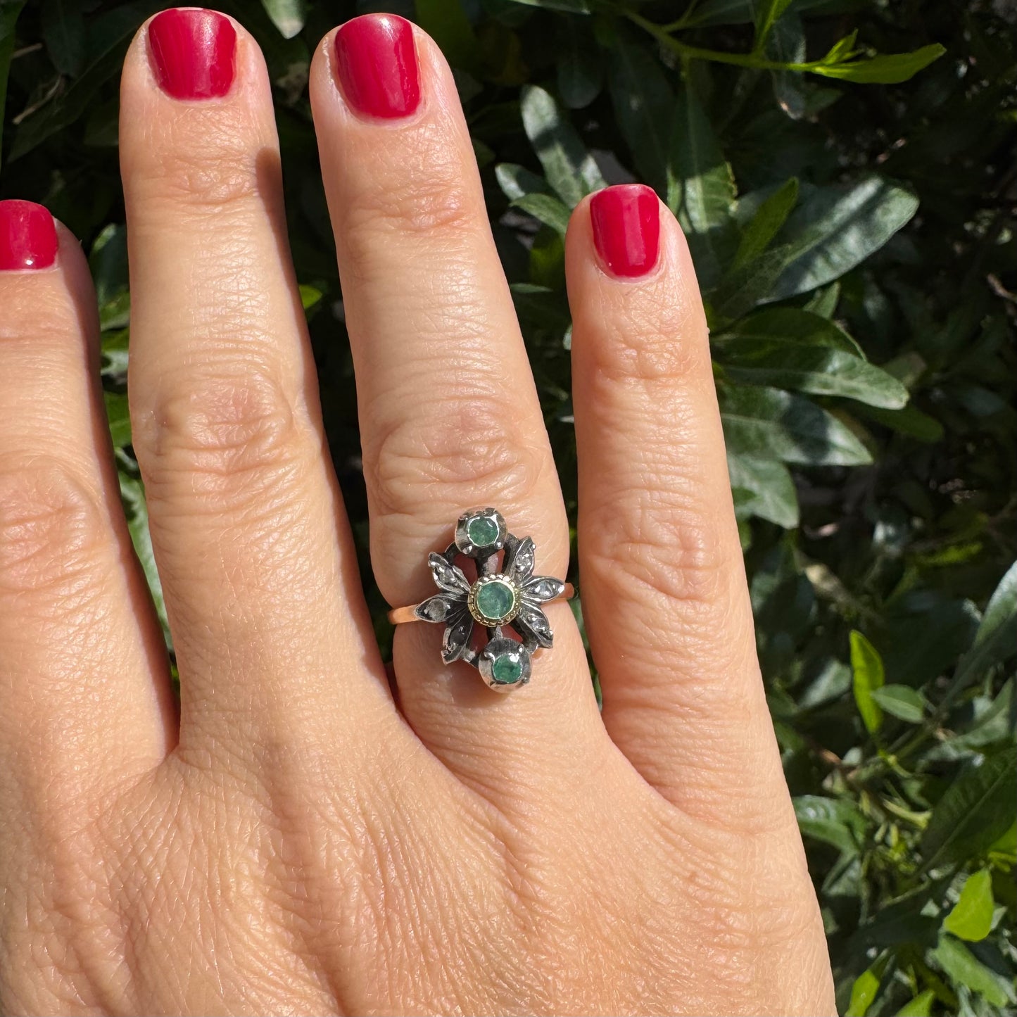 14K gold ring set with Emerald & Diamonds