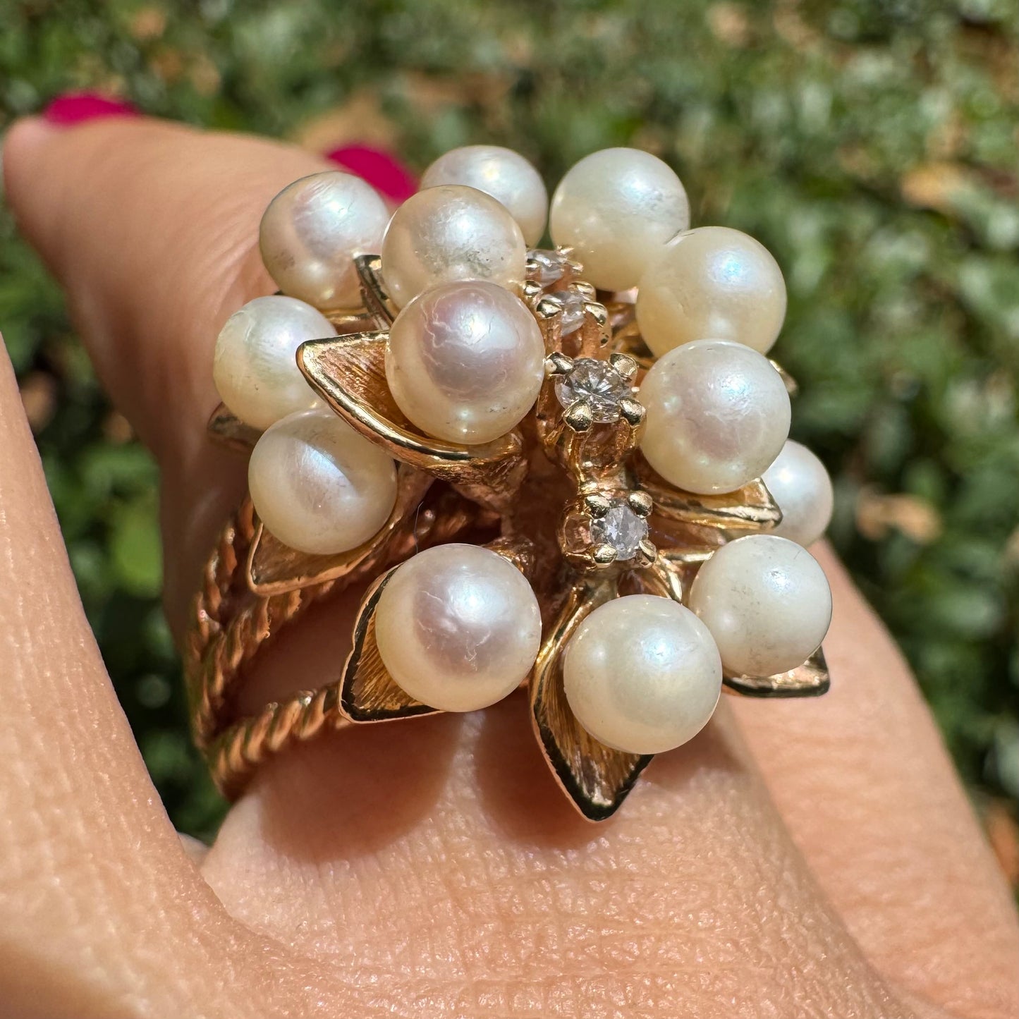 14K gold cocktail ring set with Pearls and Diamonds