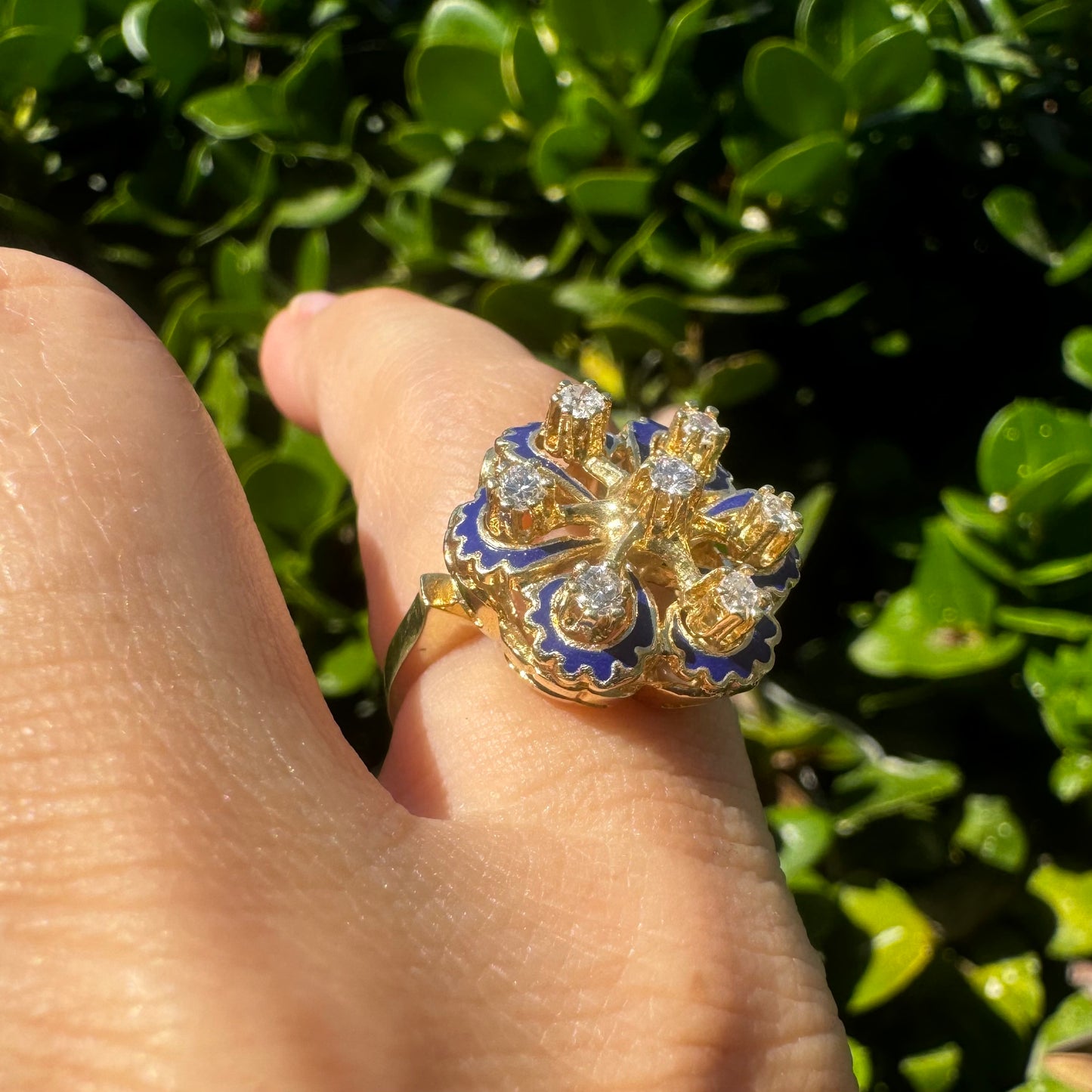 14K gold ring set with Diamonds & Blue Enamel