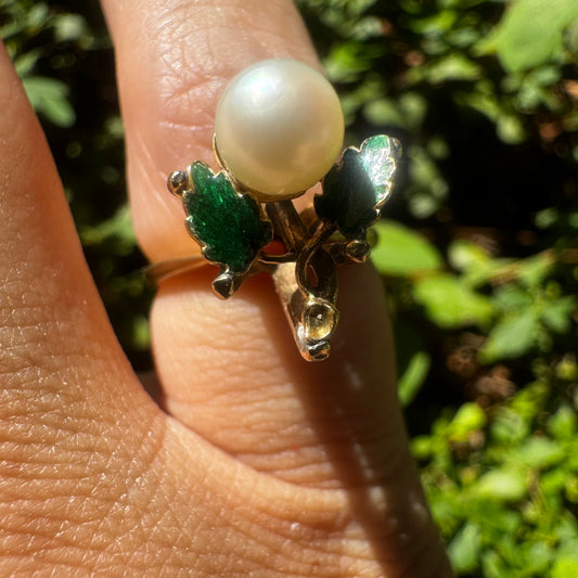 14K gold ring set with Pearl & Green Enamel