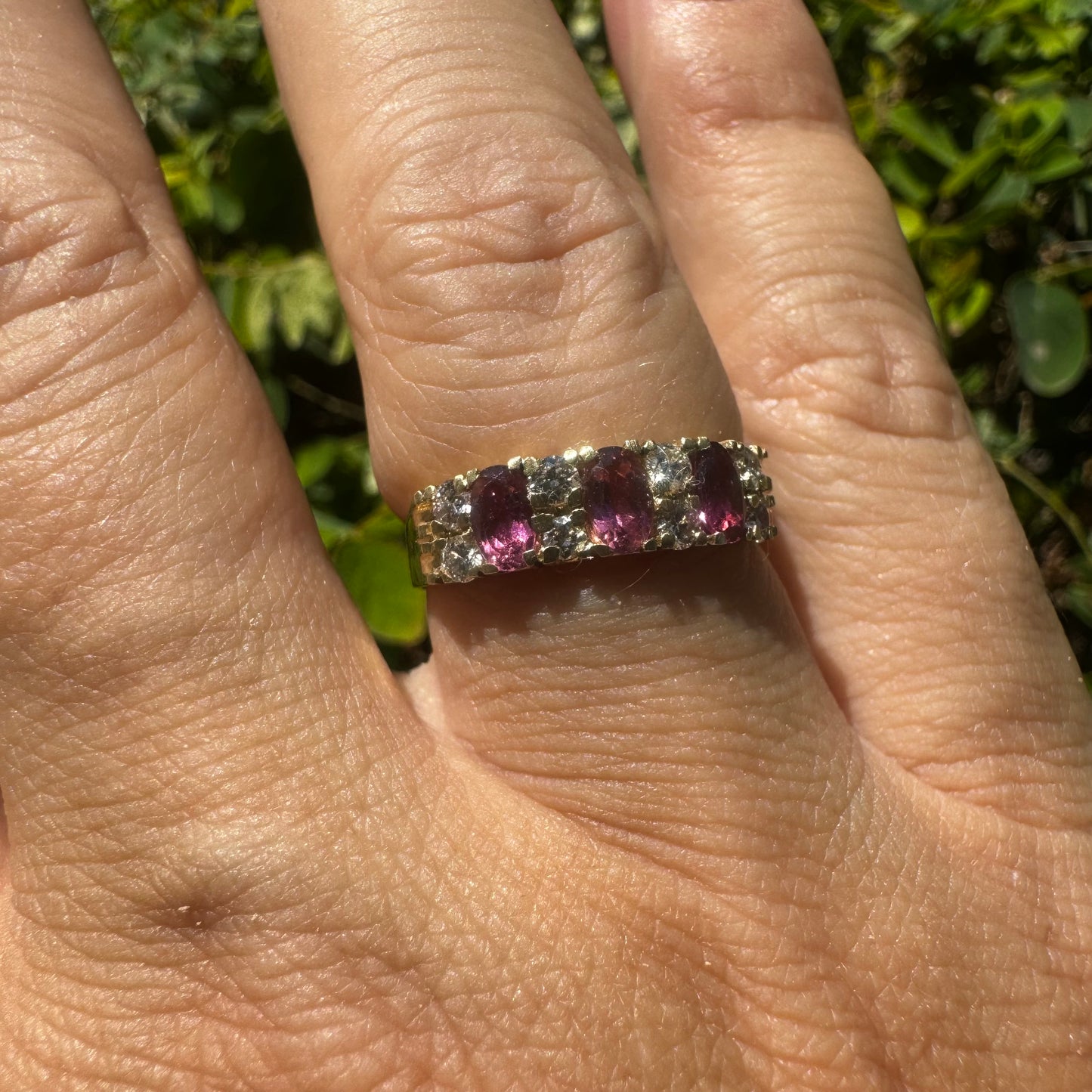 14K gold ring set with oval Pink Tourmalines and round brilliant-cut Diamonds