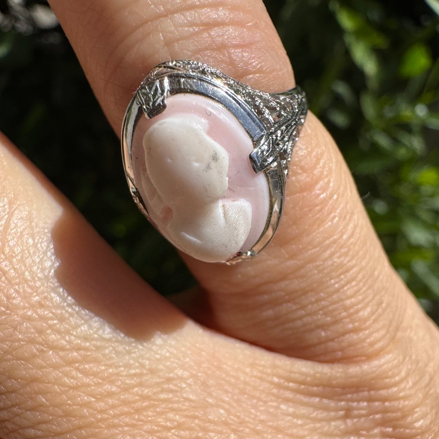 Platinum Cameo Ring set with a soft pink and white portrait