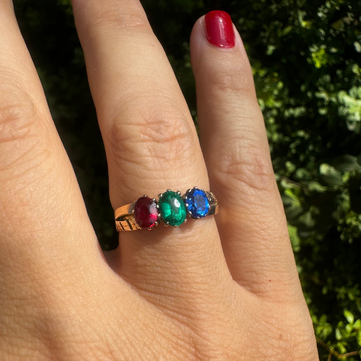 14K gold ring set with Ruby, Emerald & Sapphire