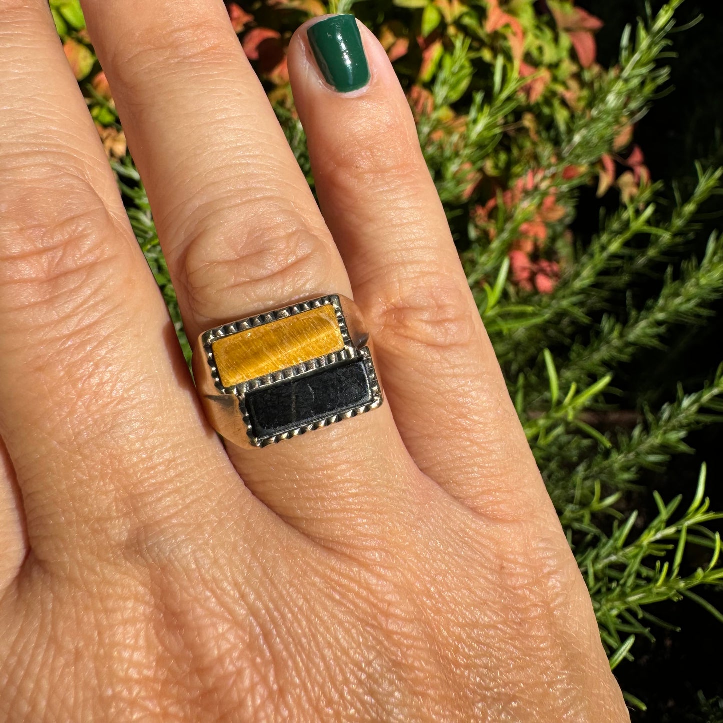 9K gold ring set with Onyx & Tiger Eye