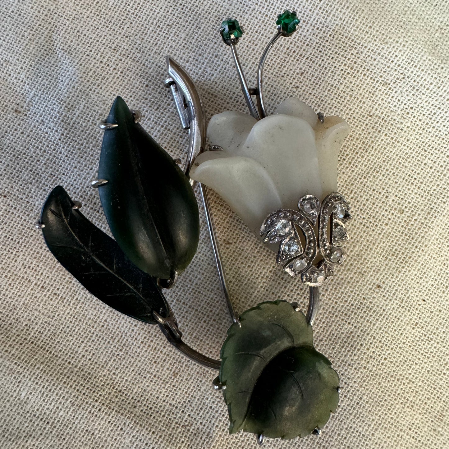 14K gold Flower Brooch set with Emerald & Diamonds