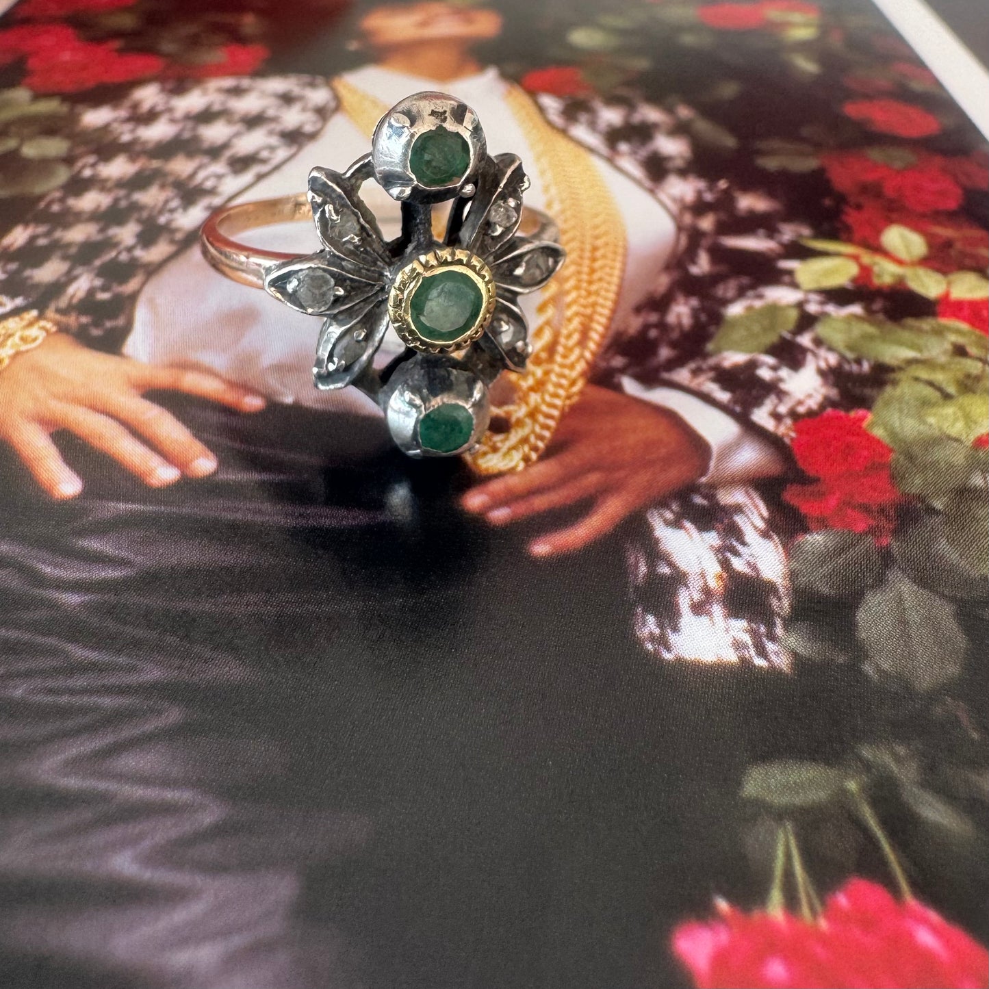 14K gold ring set with Emerald & Diamonds