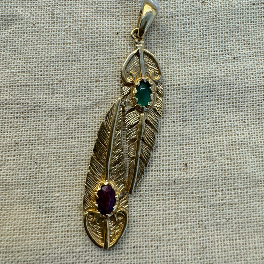 14K gold Feather pendant set with Emerald & Ruby