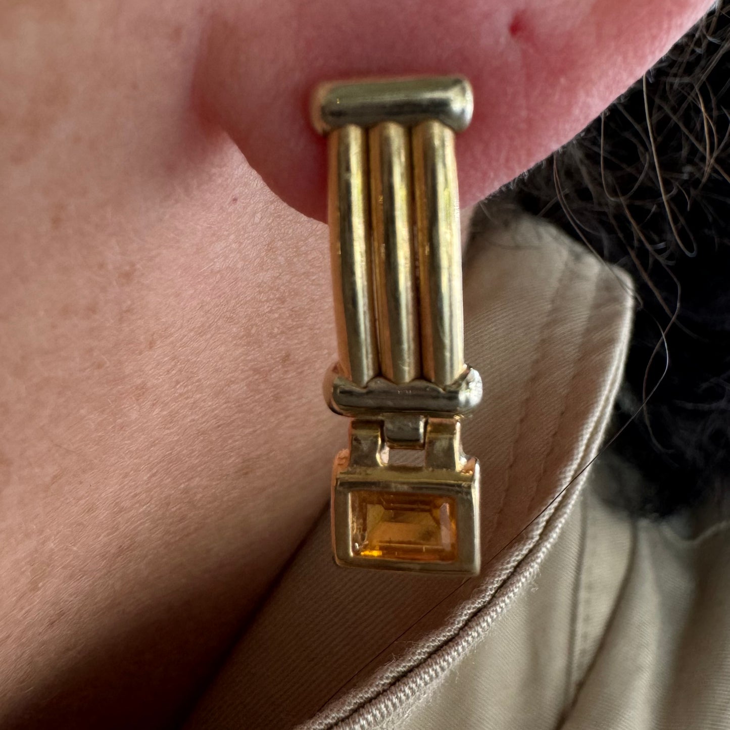 14K gold stud earrings set with a warm honey-colored Citrine