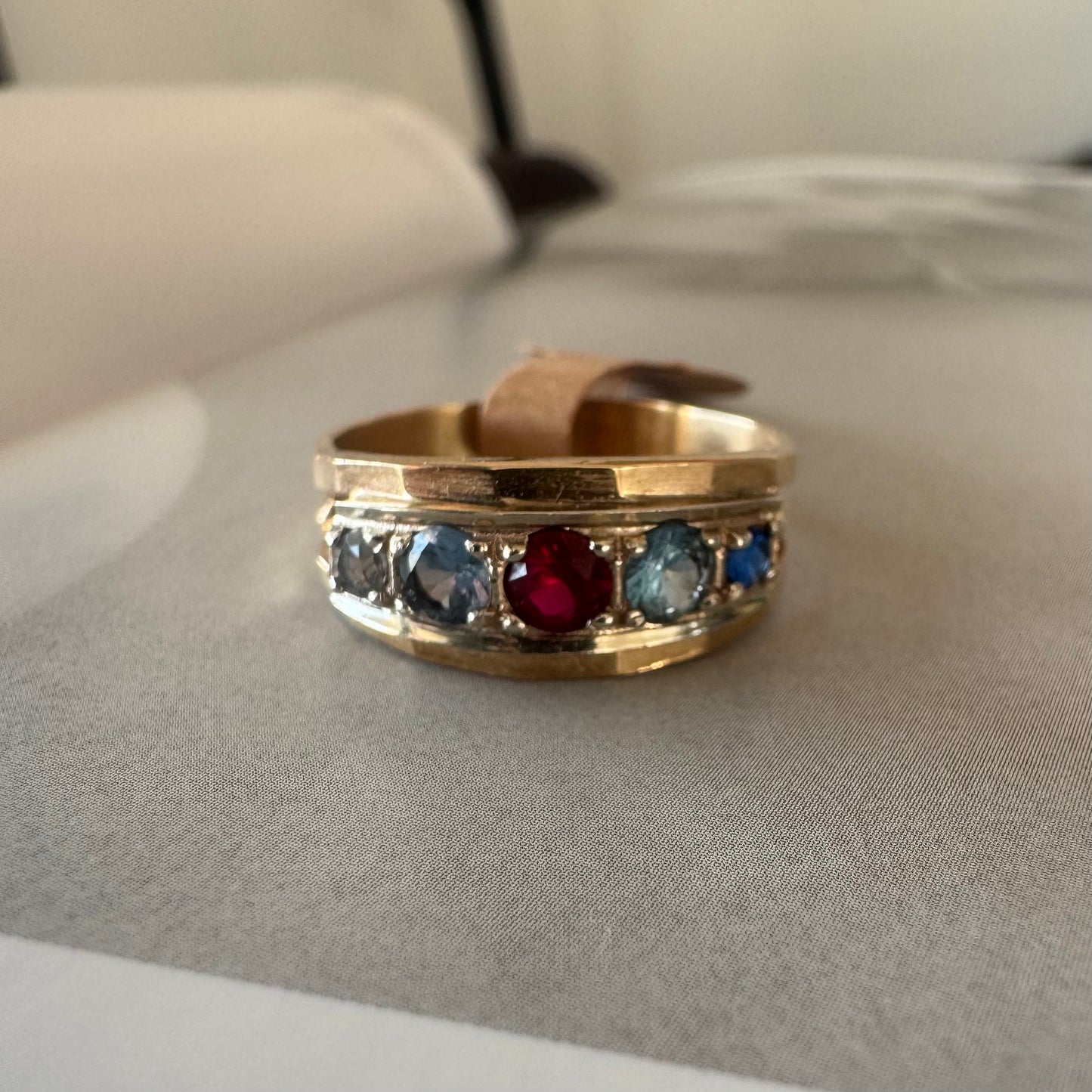 10K gold ring set with three stones-Ruby, Blue Topaz & Sapphire