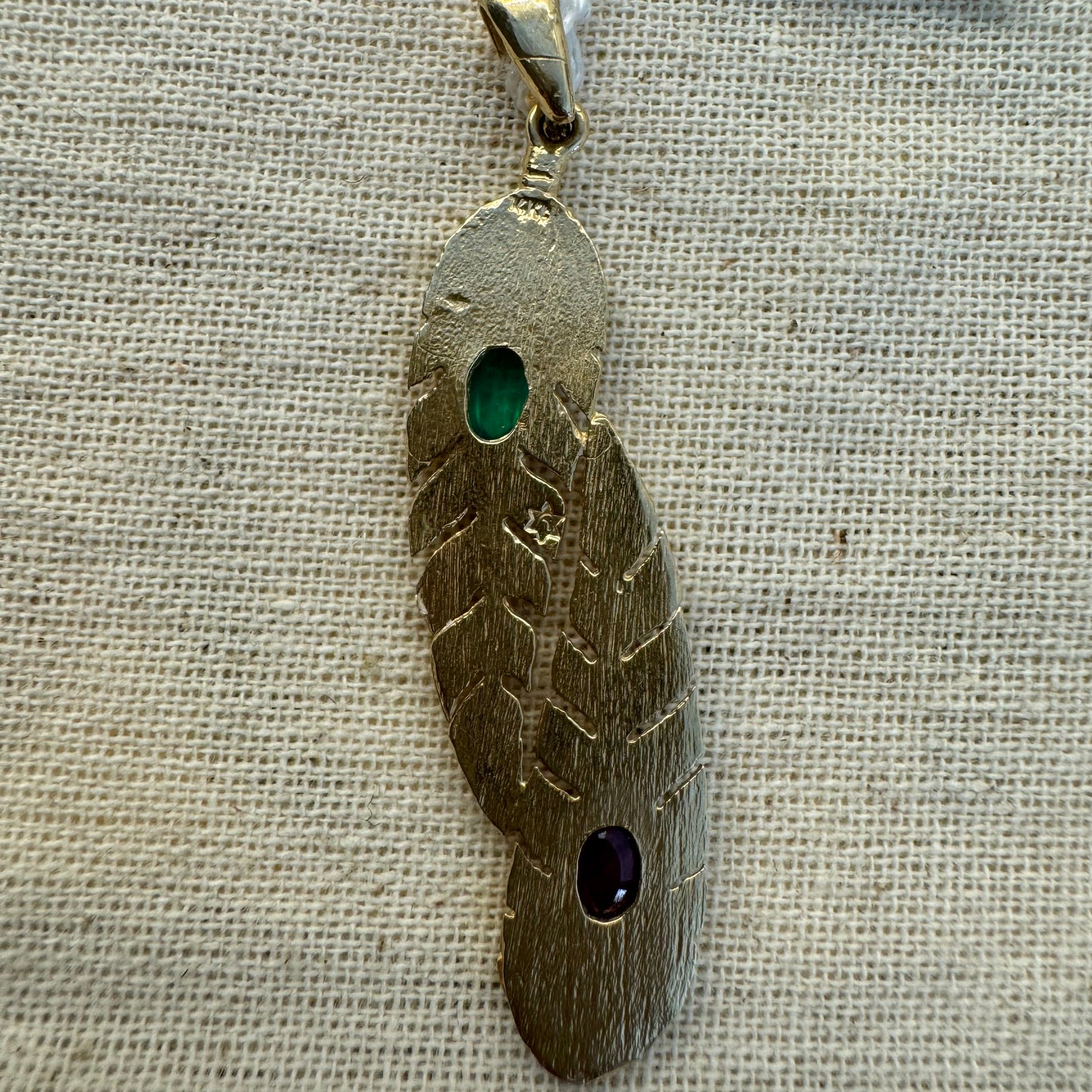 14K gold Feather pendant set with Emerald & Ruby